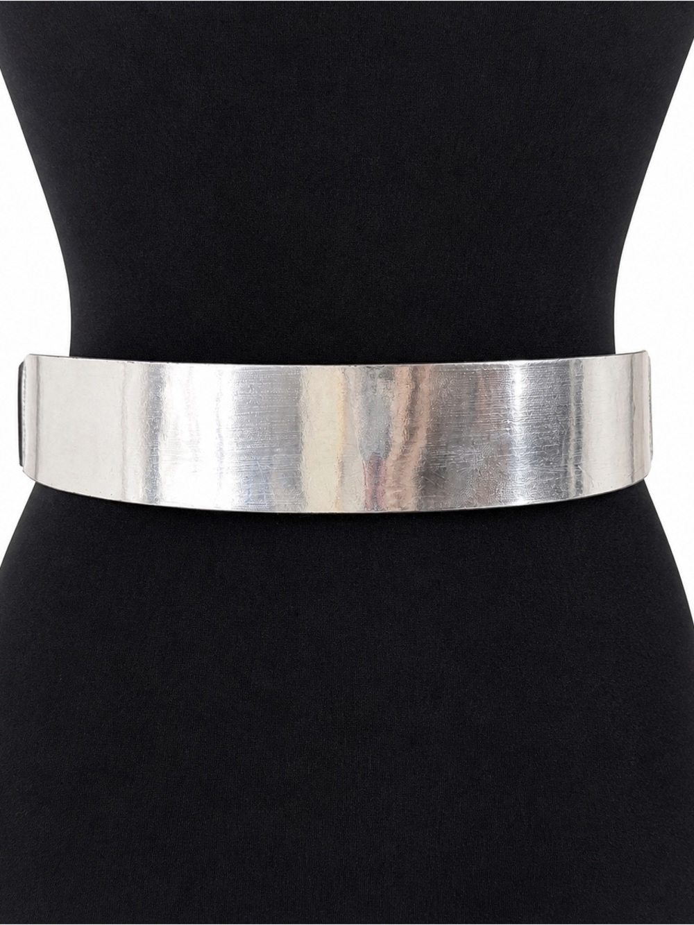 Silver Wide Statement Belt Stretch Waist Black Elastic Size M Y2K Minimalist